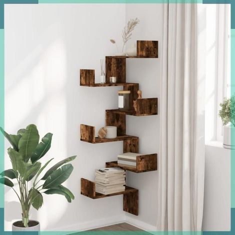 852640 étagère d'angle murale chêne fumé 45x45x147cm bois d'ingénierie (1/5)