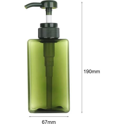 Flacon carré transparent (vert - 650 ml) pour savon liquide, mousse fouettée, shampoing, lotion, gel douche, distributeur de savon. (1/5)