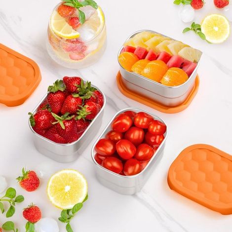 Fiambreras，Cajas para meriendas，Cajas para meriendas infantiles，Recipientes para meriendas de acero inoxidable，Con tapas de silicona (1/4)