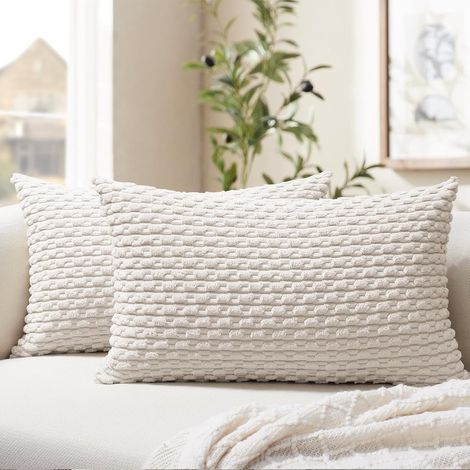 Lot de 2 Housse de Coussin 40x60 cm Velours Côtelé Beige Crème Motif Géométrique pour Canapé Salon Chambre
