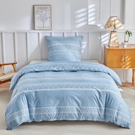 Bettwäsche-Set für Einzelbett, blau, Boho-Streifen, Mikrofaser, 2-teilig