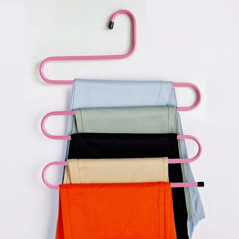 Porte-Pantalons Multifonction 5 Étages Antidérapant Forme S 20KG Charge Maximale Gain de Place Pour Armoire Rose
