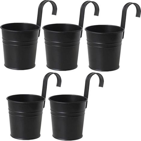 Hängende Blumentöpfe – 5 Metall-Eimer-Blumentöpfe mit Haken, geeignet für die Innen- und Außendekoration – Schwarz (1/5)