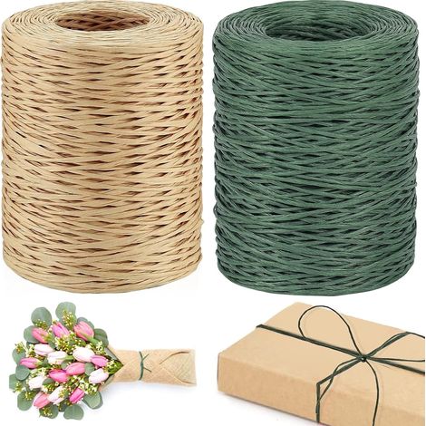2 x 200m Fil de Fer Papier, 2mm Ficelle de Raphia, fil Armé Kraft, Convient Pour Les Bouquets, les Mariages, la Décoration de Cadeaux et le Bricolage (Vert, Marron Clair) (1/4)