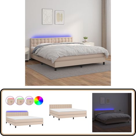 Sommier à lattes de lit avec matelas LED Cappuccino 160x200 cm - Sommier Tapissier - Lit Capitonné - Lit Avec Éclairage LED - Matelas À Ressorts Ensachés - Têtière Ajustable