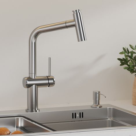 CECIPA MAX Rubinetto da cucina con 2 modalità di getto, girevole a 360°, miscelatore da cucina estraibile in acciaio inox, spazzolato