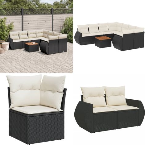 9-tlg. Garten-Sofagarnitur mit Kissen Schwarz Poly Rattan - Gartensorte - Gartenmöbelset - Outdoor Möbel - Esstisch - Lounge Set - Home & Living (1/5)