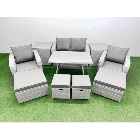 Fimous Rattan Garden Furniture Dining Set 8-seater Patio Rectangular Table Sofa Set with 2 Side Tables 4 Stools Light Grey (1/4)