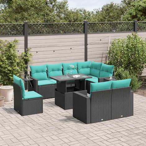 9-teiliges Gartensofa-Set mit Kissen, schwarzes Polyrattan (1/5)