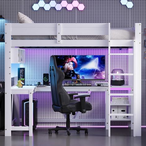 Lit Mezzanine gaming en bois-LED recharge-bureau-rangements-blanc-205x95x170cm-Sans Matelas