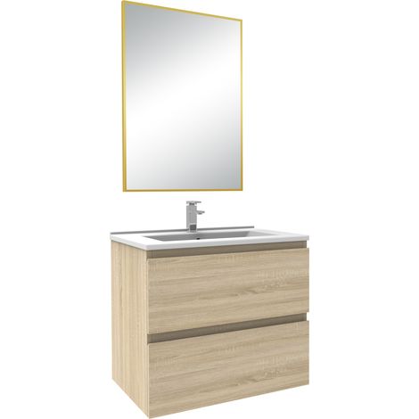 Acezanble Meuble de Salle de Bain 60cm Chêne Wotan Ensemble de 3 Pièces Meuble avec Lavabo +Miroir