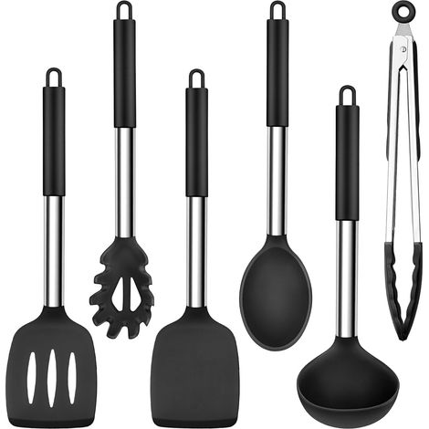 Lot de 6 Ustensiles de cuisine, Silicone résistant 230°C, Poignée bois ergonomique, Pour cuisson quotidienne