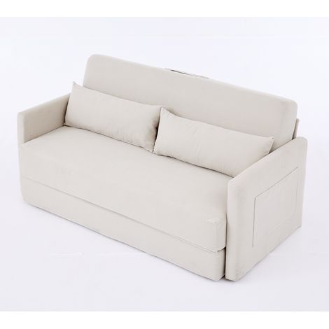 Divano letto pieghevole 2 posti in tessuto a coste beige con 2 cuscini lombari (1/5)
