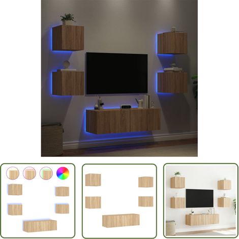 The Living Store 5-tlg. TV-Wohnwand mit LED-Leuchten Sonoma-Eiche - TV Schrank - Wohnzimmer Dekoration - Regal - Wandregal - Holzmöbel (1/5)