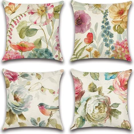 Lot de 4 Housses de Coussin Extérieur 45x45cm Motifs Fleurs Oiseaux Papillons Déco Patio Jardin Salon (1/4)