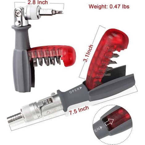 Tournevis À Cliquet - 10 En 1 - Embouts C6 6,35 Mm - Rotation 180° Réversible - Poche Aimanté Rouge (1/4)