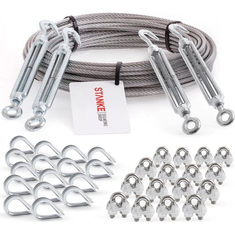 Seilwerk Câble d’acier inoxydable V4A, 50m, diamètre 5mm 7x7, 4x Tendeur M8 èil-Crochet en acier galvanisé, 16x Cosse-Cèur V4A, 16x Serre-Câble è étrier V4A - SET 6