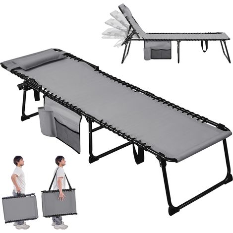 Homevive Cama de Camping Plegable con Cojín y Bolsillo Lateral Respaldo Ajustable en 5 Posiciones, Tumbona Plegable de Poliéster hasta 120kg para Interior Exterior y Viajes, 189x57x38 cm, Gris