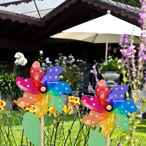 Set di 4 Mulini a Vento Relaxdays, Motivo Puntinato e Foglia Decorativa, per Giardino, Balcone e Terrazza, Legno/PP, Colorati (1/4)