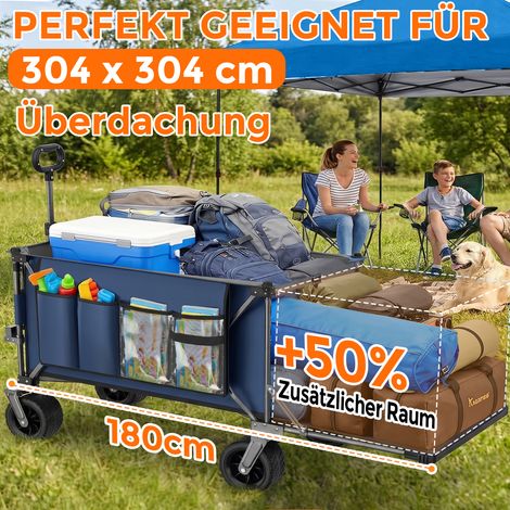 Chariot pliable 300L + 120L avec hayon, chariot pliable de 180 cm avec roues tout-terrain extra larges de 17 x 10 cm, idéal pour le jardin, les courses, la plage et les activités de plein air (bleu) (1/4)
