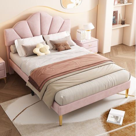Letto doppio 140x190 cm velluto rosa, testiera regolabile per adulti, senza materasso - FLORAGRACE (1/5)