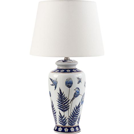 Elegante lampada da tavolo con base in porcellana Patten floreale Paralume in lino a tamburo Illuminazione bianca e blu Bijela