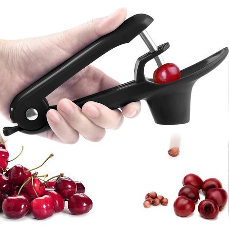 Dénoyauteur à cerises - Outil dénoyauteur en acier inoxydable pour la confection de confiture de cerises avec système de verrouillage (noir) (1/4)