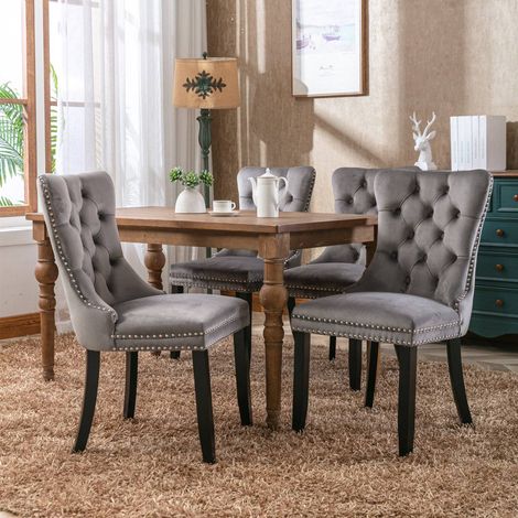 Chaise de salle à manger  lot de 2 gris velours capitonné pieds bois massif clous décoratifs style moderne élégant (1/5)