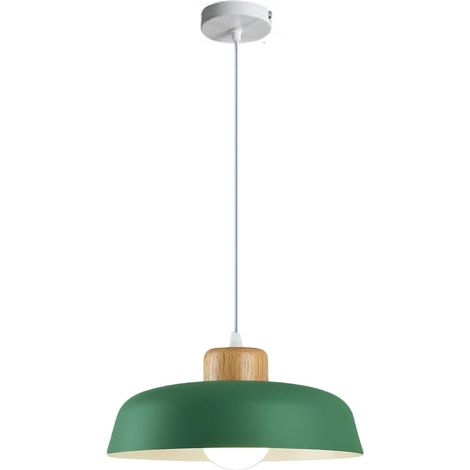 Suspension ronde métal 300mm couleur macaron,finition bois moderne E27 Loft Bar Plafonnier Lustre cuisine îlot salle à manger (Vert) (1/4)