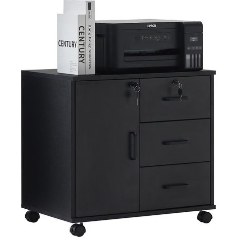 Caisson de bureau rangement sur roulettes , avec 3 tiroirs et porte, bureau, salon, 40 x 60 x 57 cm, noir