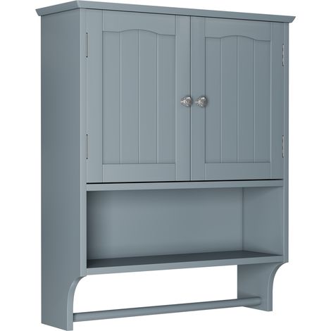 Mueble de baño mural con toallero, armario de pared MDF gris claro con 2 puertas y estantes abiertos (1/5)