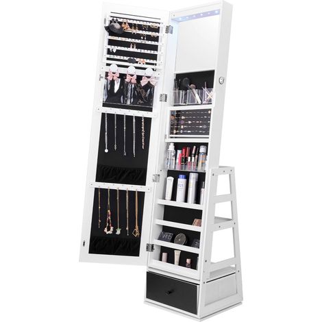 VEVOR Armoire a Bijoux avec Miroir, Organisateur de Bijoux sur Pied avec Rangement, Meuble de Rangement pour Bijoux Verrouillable, Pivotant a 360°, Doublure en Velours, Lumiere LED, Maison, Blanc