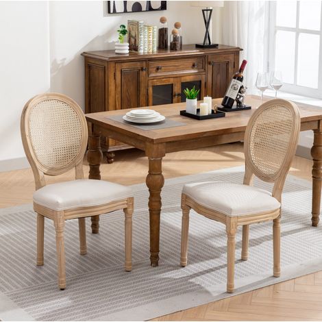 REDOM - Lot de 2 chaises de salle à manger élégante rotin et tissu en lin rembourrée mousse beige (1/5)