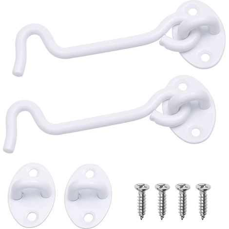 Fermoir à crochet et œillet robuste de 4 pouces - 2x serrure de porte de grange (blanche), 8x vis de montage - Crochets revêtus de poudre pour portes (1/5)