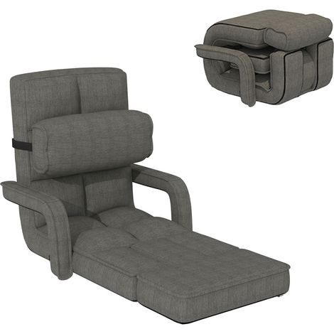YODOLLA Fauteuil Pliant Réglable, Canapé Lazy avec Accoudoirs, Coussin et Repos-Pieds, Gris