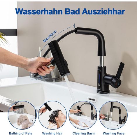 Robinet de salle de bain avec LED de température, avec douche amovible à 3 modes, mitigeur de lavabo amovible, robinets de salle de bain, réglable en hauteur, noir (1/5)