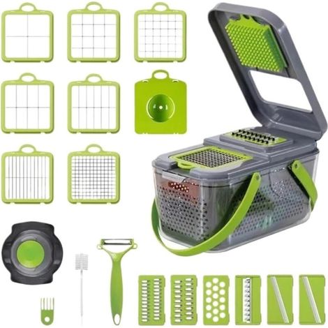 Compatibile con tritatutto per verdure, lama in acciaio inox, taglierina regolabile, scolapiatti e contenitore per la conservazione (Grigio Verde) (1/4)