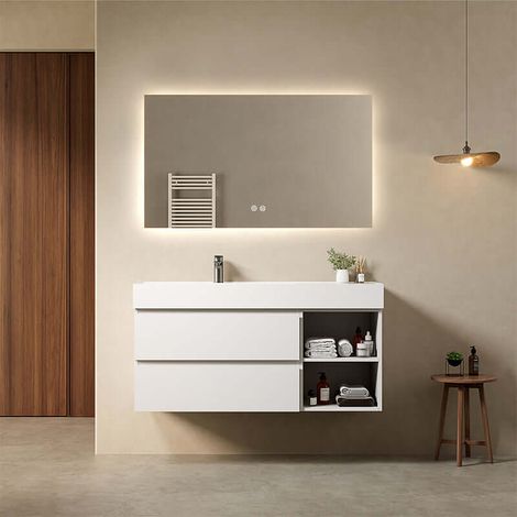 Mobile bagno sospeso 120 cm Bianco Lavabo a Sinistra in Resina Specchio Quadro Retroilluminato - Fiji Paint Plus (1/4)