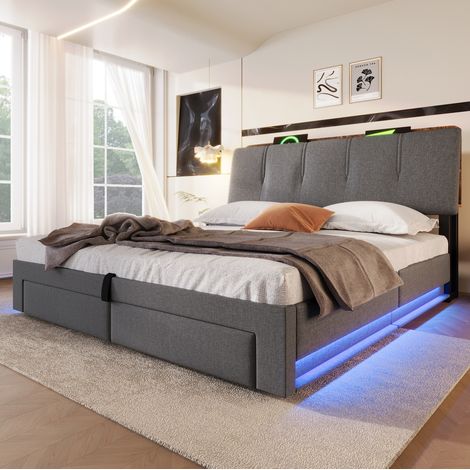 Bett Doppelbett Stauraum Bettgestell 140x200 Leinen OKMYHOME (1/5)