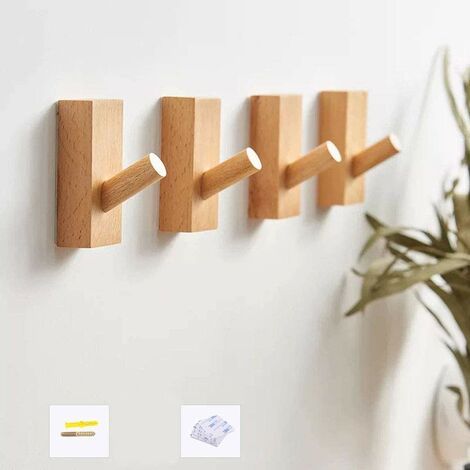 Set of 4 Wooden Wall Hooks Hat Holder, Wall Mounted Wooden Hooks, Decorative Hooks Hat Hanger Unique Organizer, Rectangular Beech (1/5)