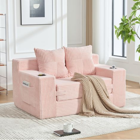 Canapé 2 places en velours côtelé avec pouf, 2 coussins et porte-gobelet rose HAVRYA (1/5)