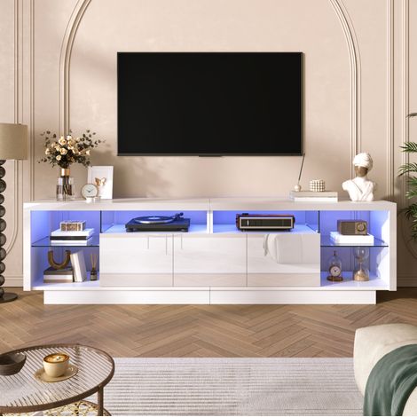 Mueble TV 200 x 38 x 55 cm blanco con LED y 3 puertas brillo (1/5)