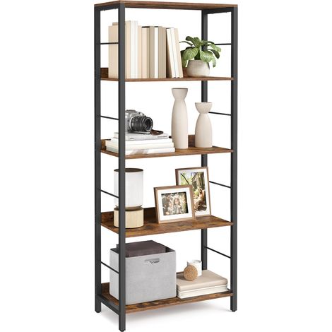 Étagère sur 5 Niveaux, Bibliothèque, Meuble de Rangement, 30 x 60 x 144 cm, avec Panneaux Arrière, Style Industriel, pour Salon, Étude, Bureau, Marron Rustique et Noir d'encre LLS117B01 (1/5)