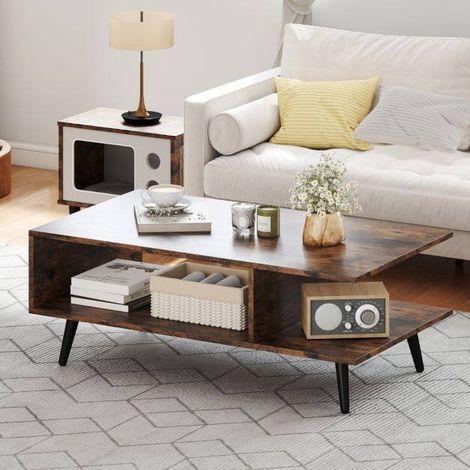 Coffee table with storage space, 2-tiered living room table with open shelf and metal legs, wooden side table, 80 x 45 x 30 cm, brown (1/5)
