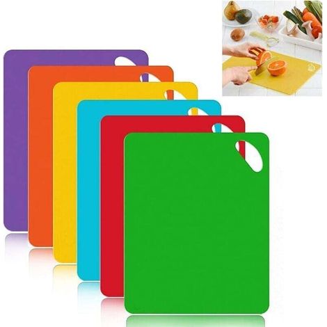 Planche a Decouper Plastique, Planche Antidérapante Tapis avec Symboles Alimentaires et Poignées, Planche Adécouper Plastique Antibactérien sans BPA Pour Poisson/Légumes/Viande (6 pces)