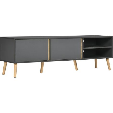 Meuble TV pour télévision jusqu'à 55 pouces scandinave 2 portes 2 niches avec passe-câbles 150 x 35 x 45 cm gris foncé (1/5)