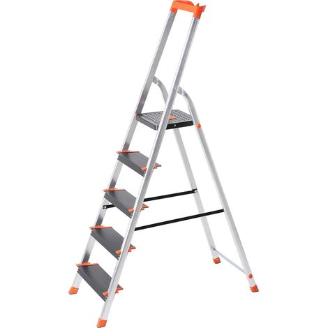 Scaletta a 5 Gradini, Scala Pieghevole in Alluminio, Gradini Larghi 12 cm, con Portautensili e Piedini Antiscivolo, Max. Portata Statica 150 kg, Test TÜV Rheinland, GS EN131, Nero (1/5)