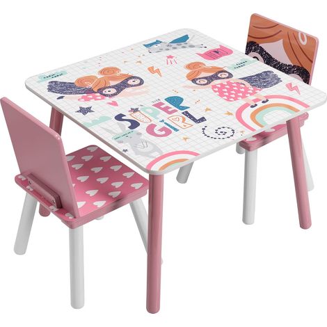 Ensemble table et 2 chaises pour enfants en MDF et bois pin, rose, 60 x 60 x 44 cm (1/5)