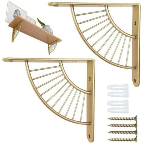 Lot de 2 supports d'étagère murale, support de console en acier inoxydable de 20 cm, support d'étagère en métal, support triangulaire flottant, pour cuisine, chambre, bureau, doré