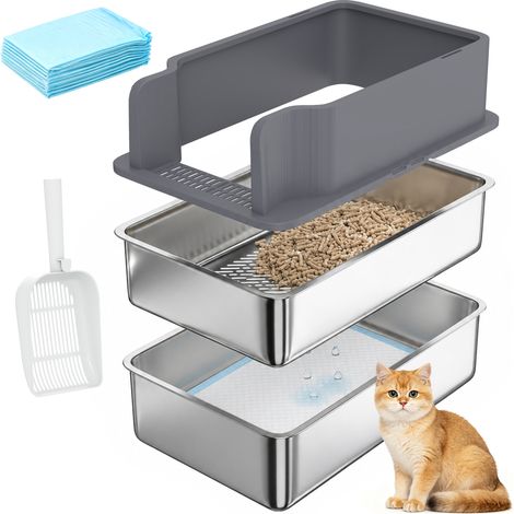 PawHut arenero para gatos de acero inoxidable L con bandeja de tamizado, borde alto, pala, 10 empapadores, fácil de limpiar, antifugas, gris oscuro (1/5)